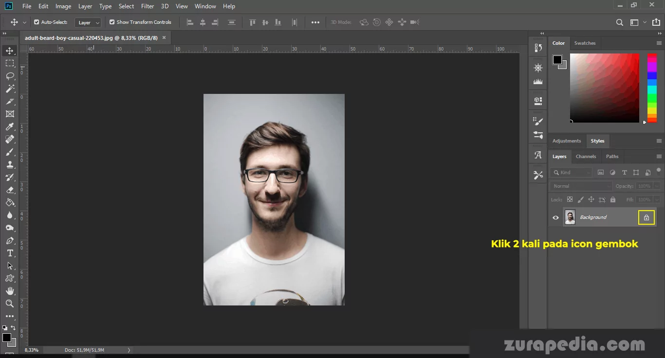 Cara Simpel Membuat Ukuran Foto 3x4 Di Photoshop klik 2 kali pada icon gembok